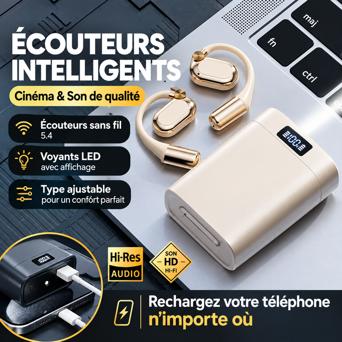 Écouteurs Bluetooth Intelligents Compatibles avec la recharge des Smartphones- 🎧 Écoutez votre musique. Gardez votre téléphone chargé.
